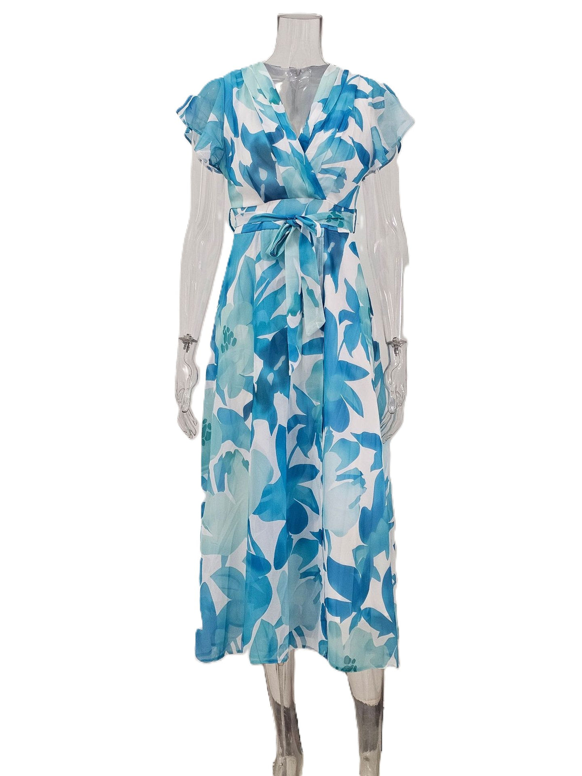 Watercolor Floral Midi Dress With Tie Waist - Blue