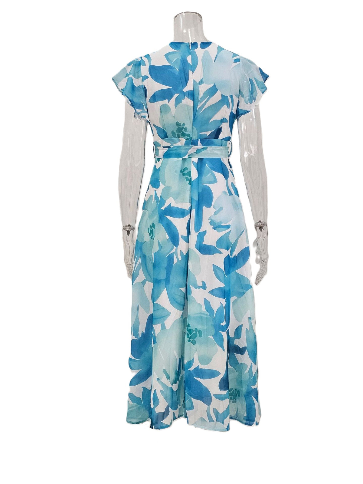 Watercolor Floral Midi Dress With Tie Waist - Blue - 1