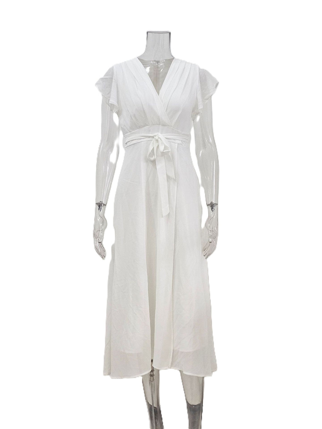 Watercolor Floral Midi Dress With Tie Waist - White