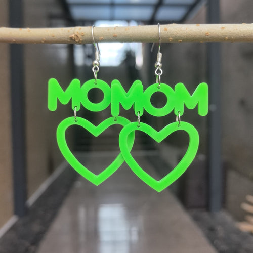 Acrylic Heart Mom Statement Dangle Earrings - Green