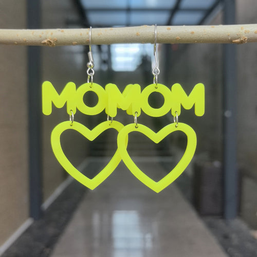 Acrylic Heart Mom Statement Dangle Earrings - Yellow