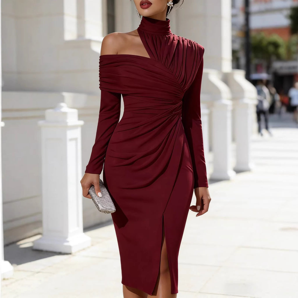 Ruched Cold Shoulder Mock Neck Slit Midi Dress