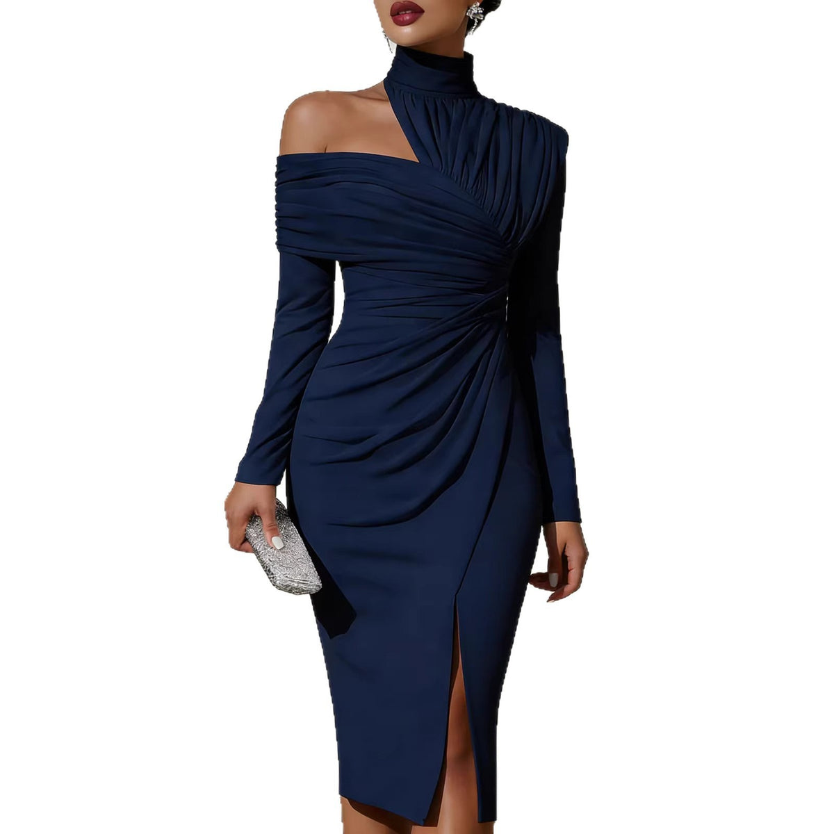 Ruched Cold Shoulder Mock Neck Slit Midi Dress