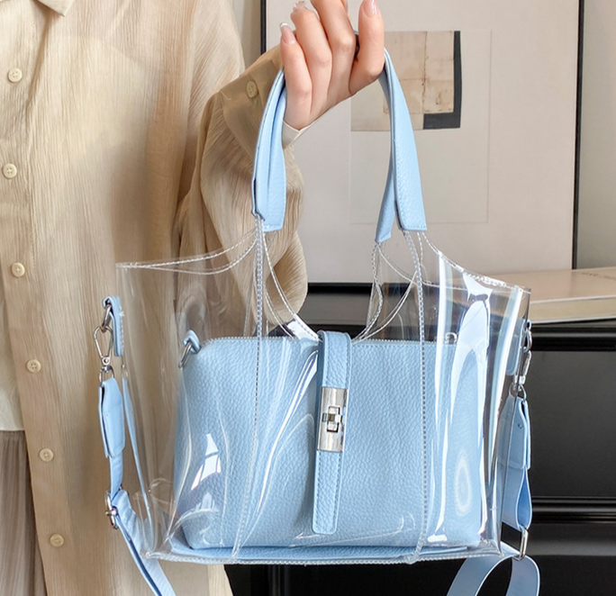 Clear Stadium Tote Bag With Inner Pouch - Blue - 2