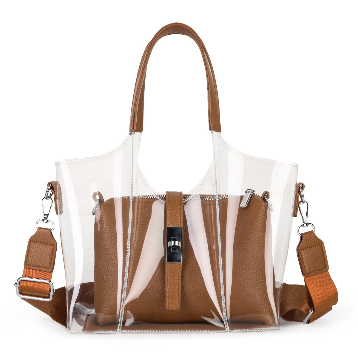 Clear Stadium Tote Bag With Inner Pouch - Brown - 1