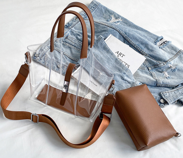 Clear Stadium Tote Bag With Inner Pouch - Brown - 2