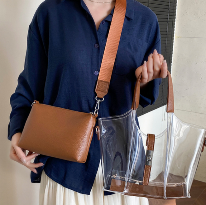 Clear Stadium Tote Bag With Inner Pouch - Brown - 4