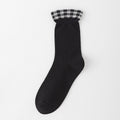 Gingham Ruffle Cuff Ribbed Crew Socks - Black