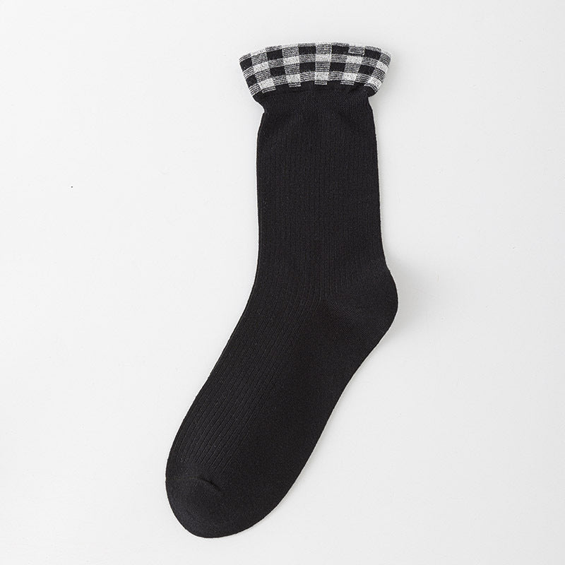 Gingham Ruffle Cuff Ribbed Crew Socks - Black