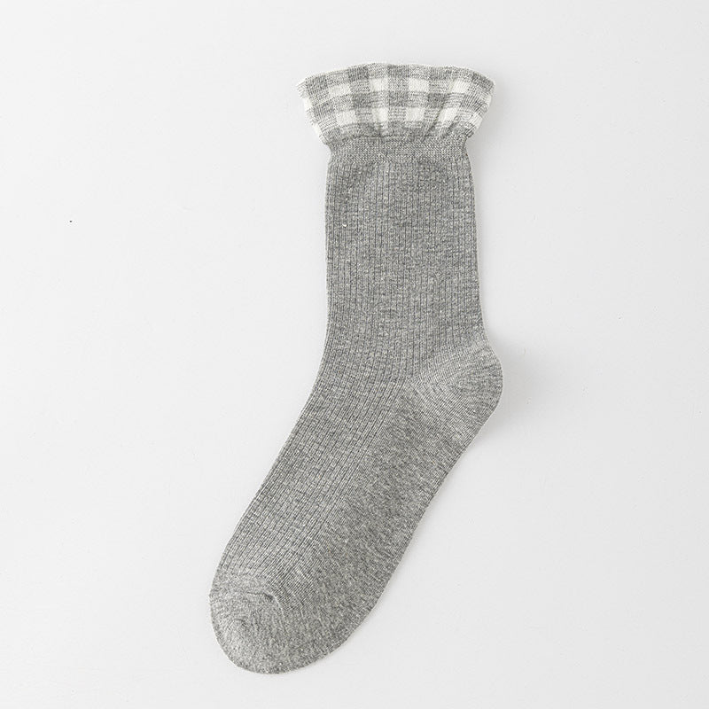 Gingham Ruffle Cuff Ribbed Crew Socks - Grey