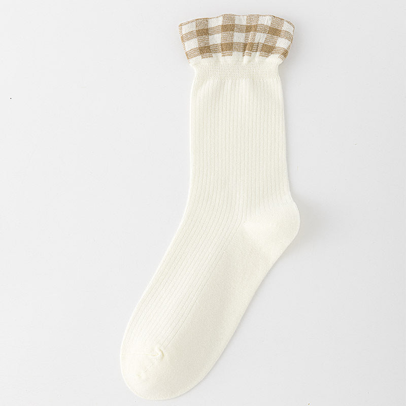 Gingham Ruffle Cuff Ribbed Crew Socks - White