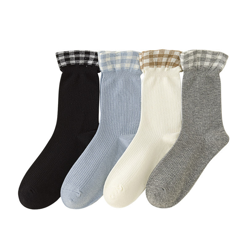 Gingham Ruffle Cuff Ribbed Crew Socks