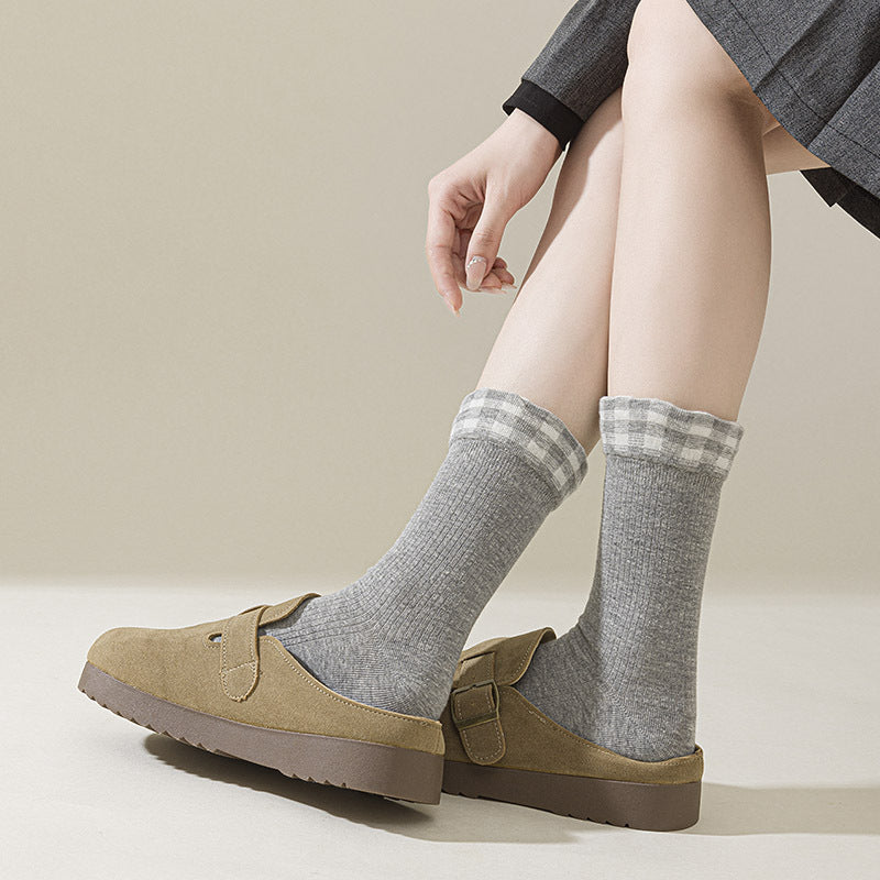 Gingham Ruffle Cuff Ribbed Crew Socks - view 2