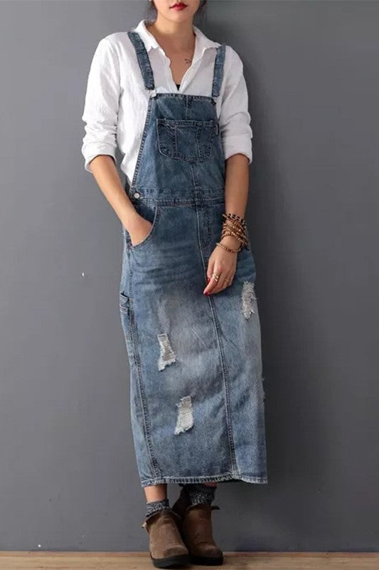 Washed Denim Side Slit Overall Dress - Lightblue