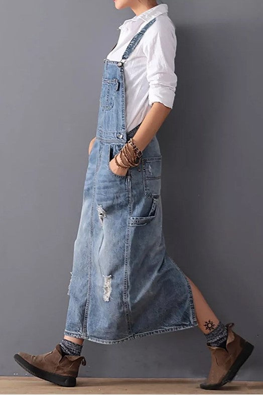 Washed Denim Side Slit Overall Dress - Lightblue - 1