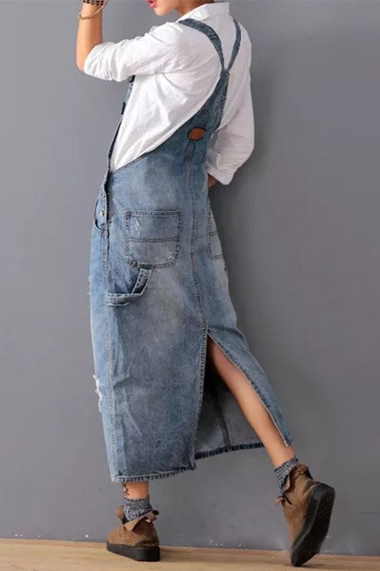 Washed Denim Side Slit Overall Dress - Lightblue - 2