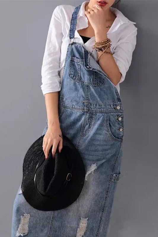 Washed Denim Side Slit Overall Dress - Lightblue - 3