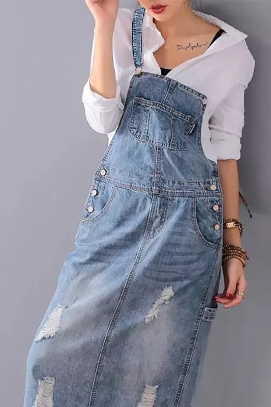Washed Denim Side Slit Overall Dress - Lightblue - 4