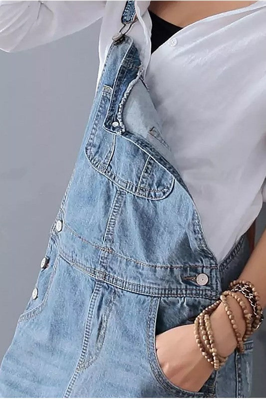Washed Denim Side Slit Overall Dress - Lightblue - 5