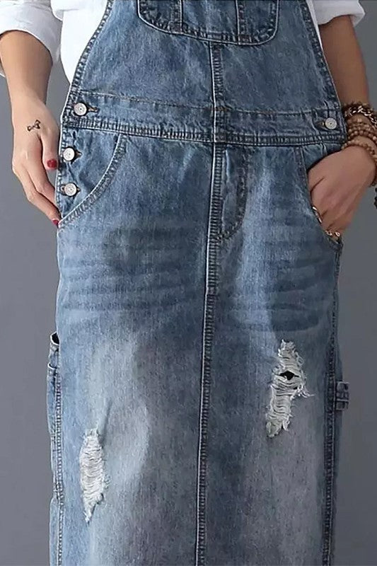Washed Denim Side Slit Overall Dress - Lightblue - 6