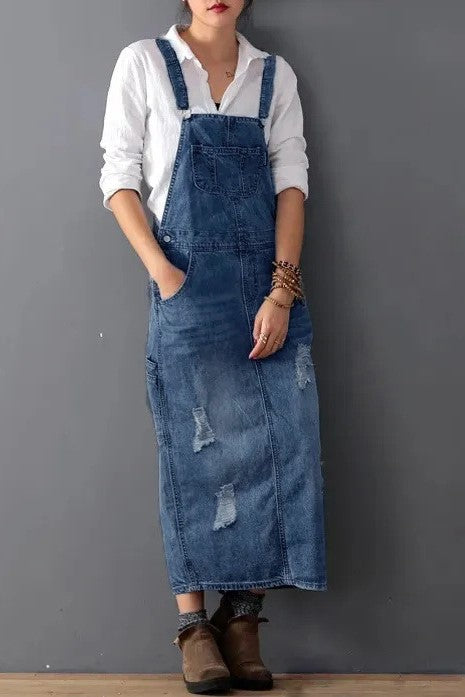 Washed Denim Side Slit Overall Dress - blue