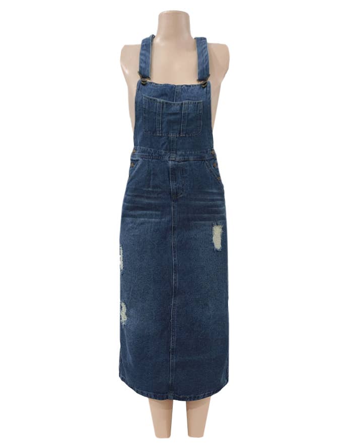 Washed Denim Side Slit Overall Dress