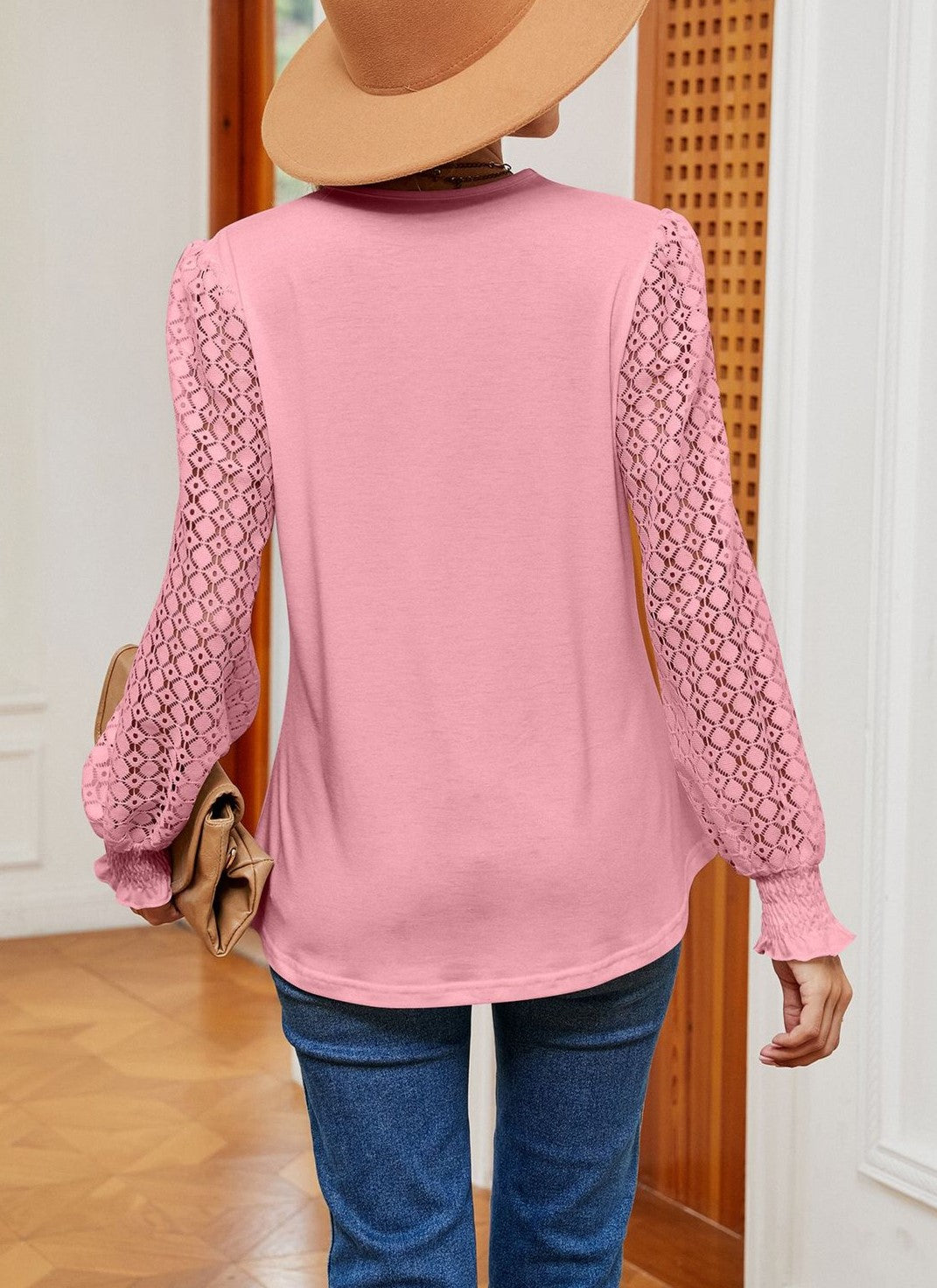 Lace Sleeve Contrast V Neck Blouse - Pink - 1
