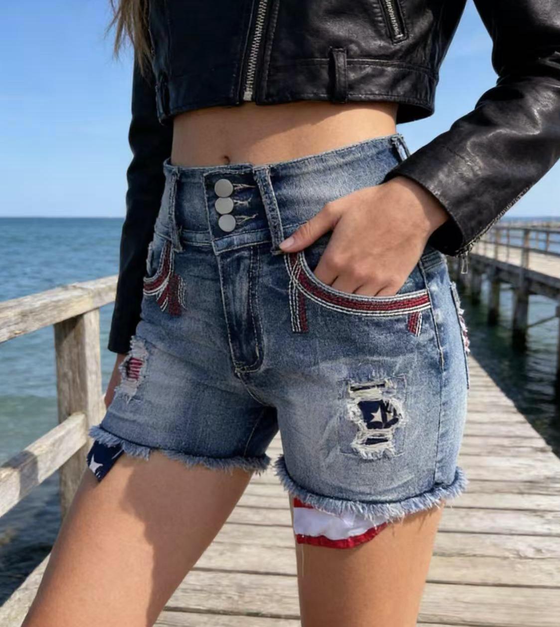 Star Embroidered Distressed Cutoff Denim Shorts - Blue