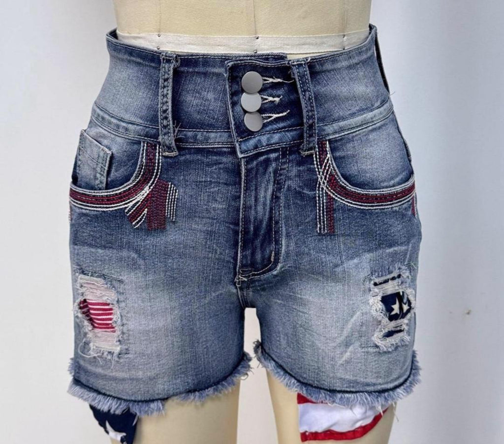 Star Embroidered Distressed Cutoff Denim Shorts - Blue - 1