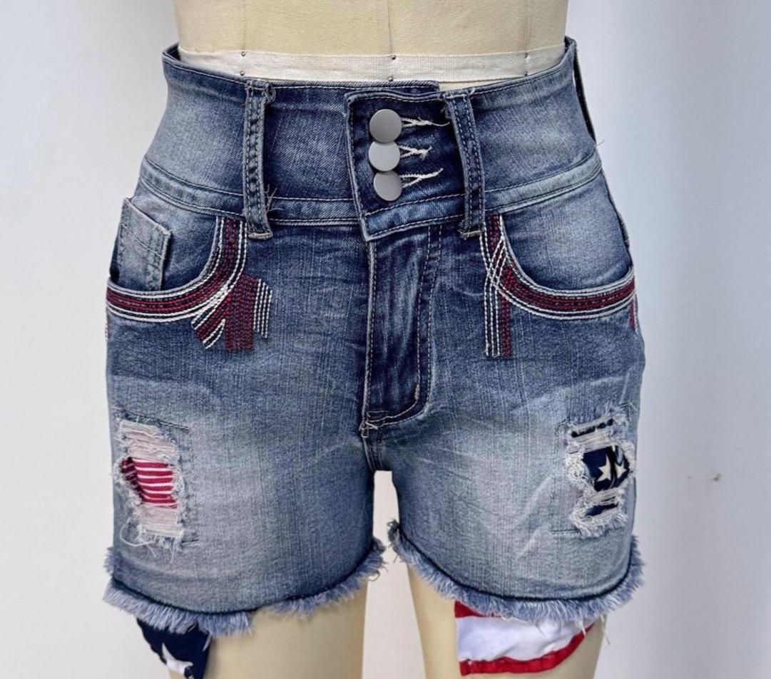 Star Embroidered Distressed Cutoff Denim Shorts - Blue - 1