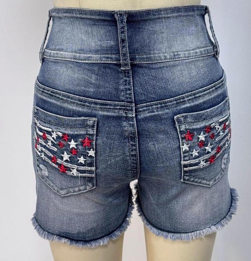 Star Embroidered Distressed Cutoff Denim Shorts - Blue - 2