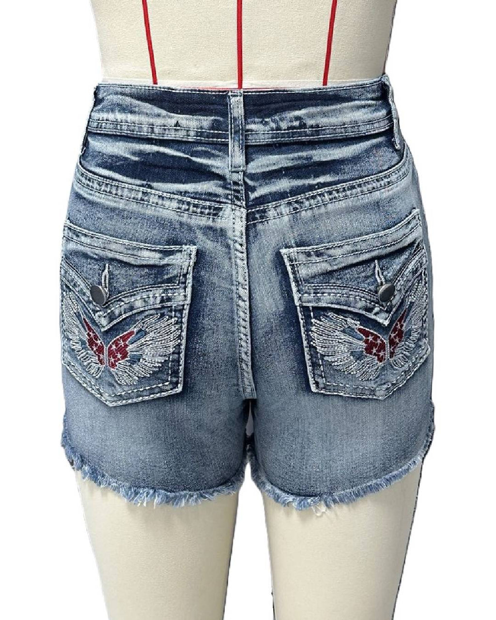 Winged Pocket Distressed Cutoff Denim Shorts - Blue - 1