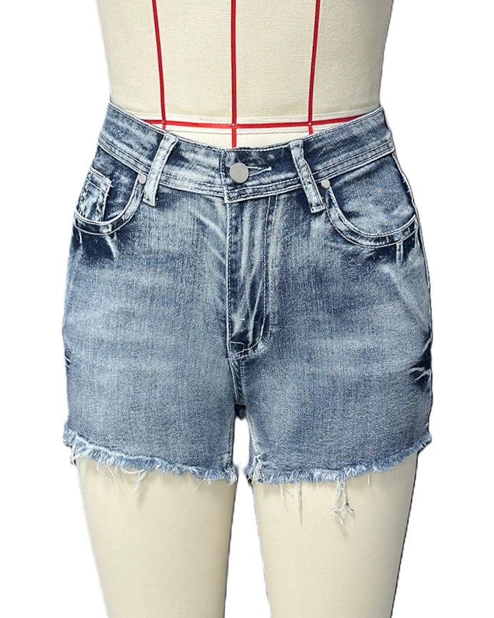 Winged Pocket Distressed Cutoff Denim Shorts - Blue - 3