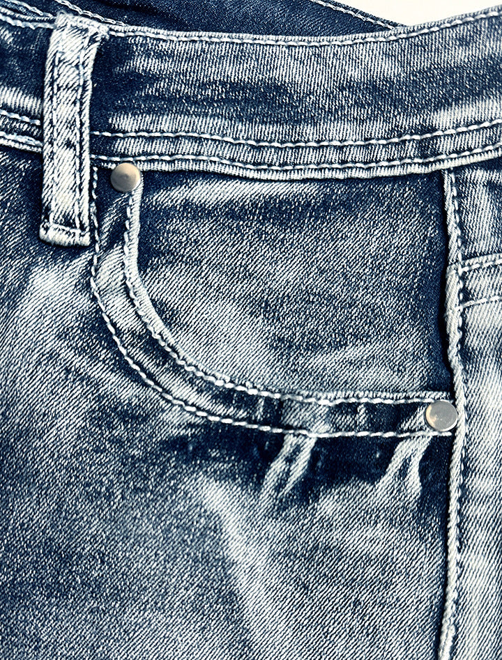 Winged Pocket Distressed Cutoff Denim Shorts - Blue - 4