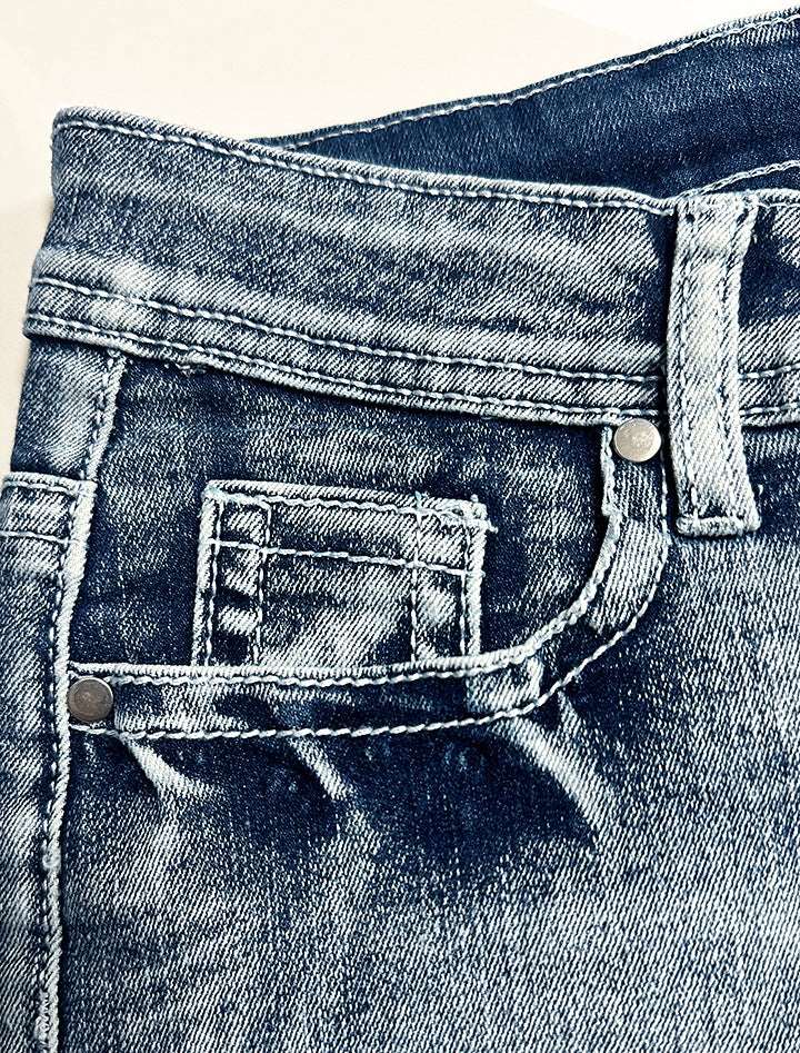 Winged Pocket Distressed Cutoff Denim Shorts - Blue - 5