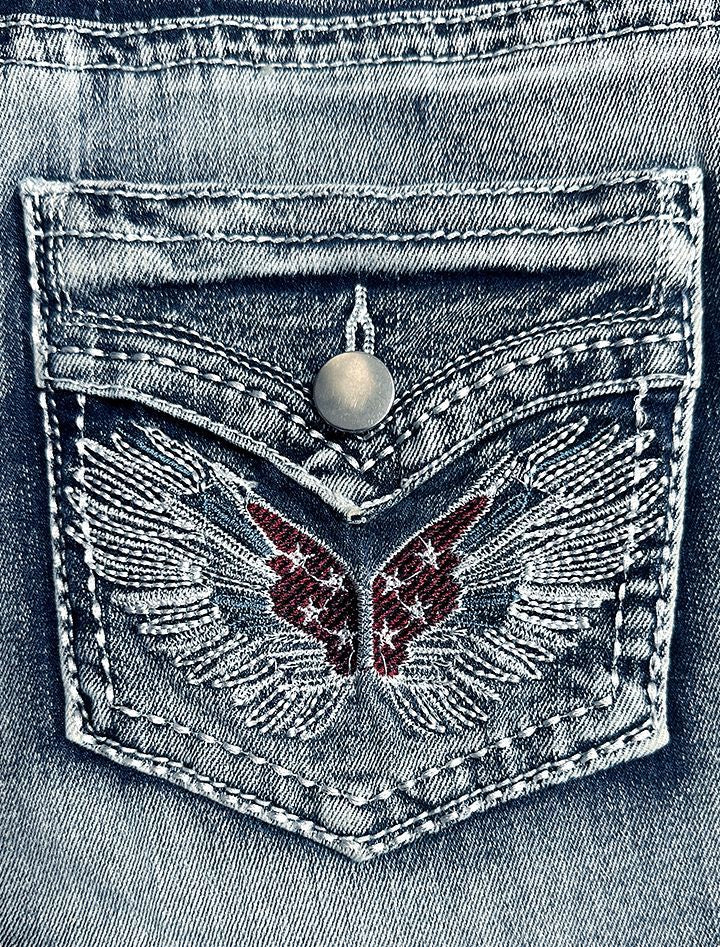 Winged Pocket Distressed Cutoff Denim Shorts - Blue - 6