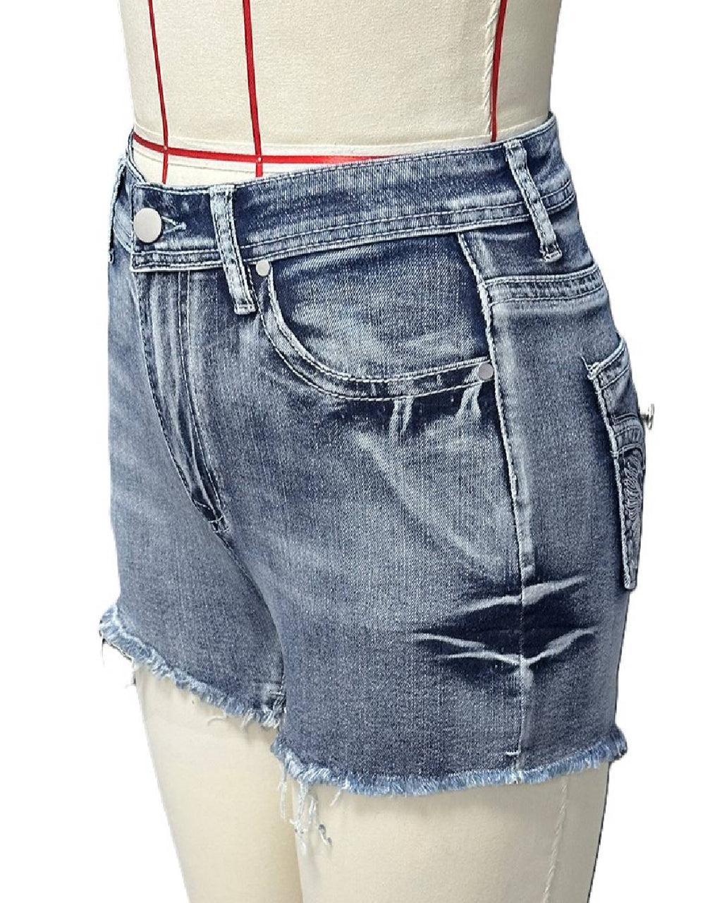 Winged Pocket Distressed Cutoff Denim Shorts - Blue - 7