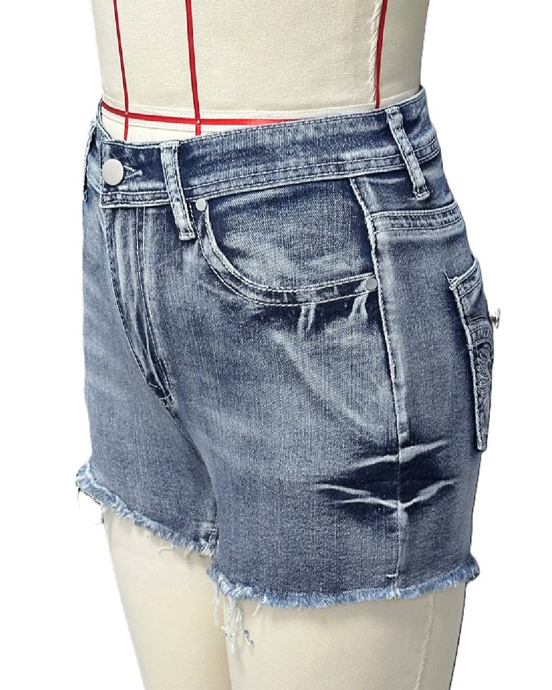 Winged Pocket Distressed Cutoff Denim Shorts - Blue - 7