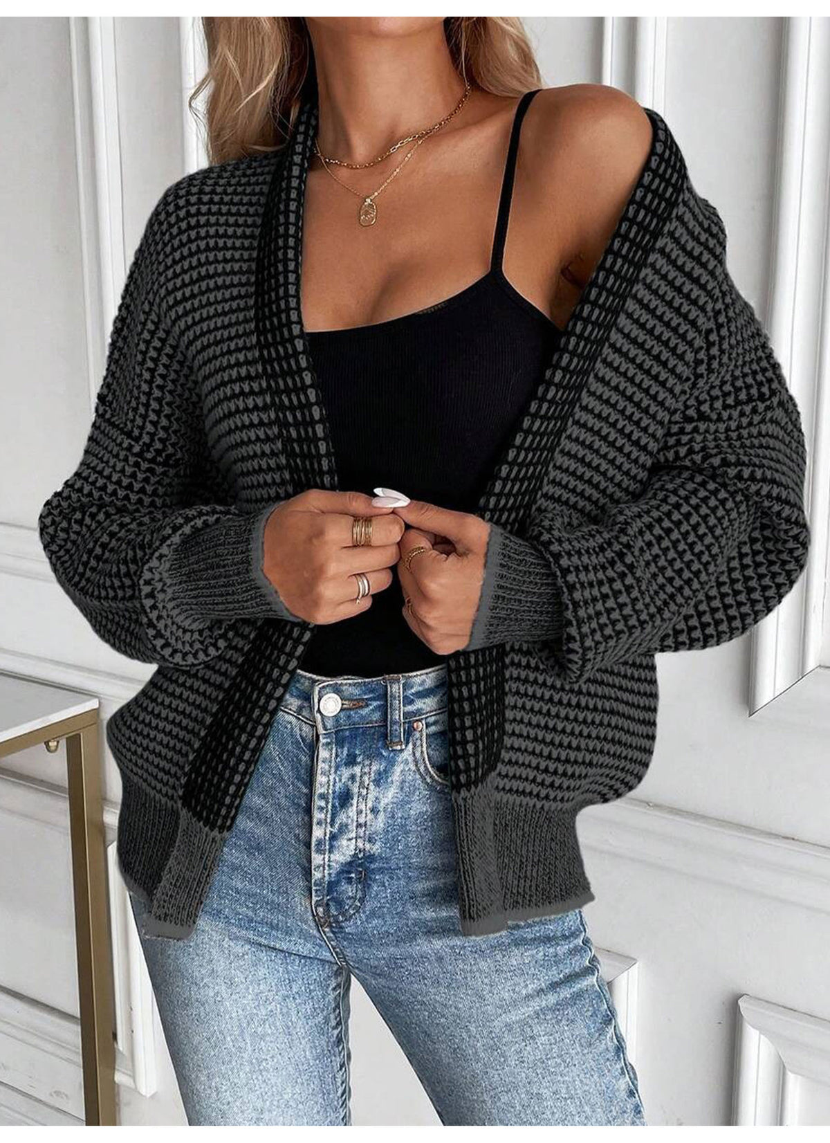 Waffle Knit Open Front Batwing Cardigan - Black