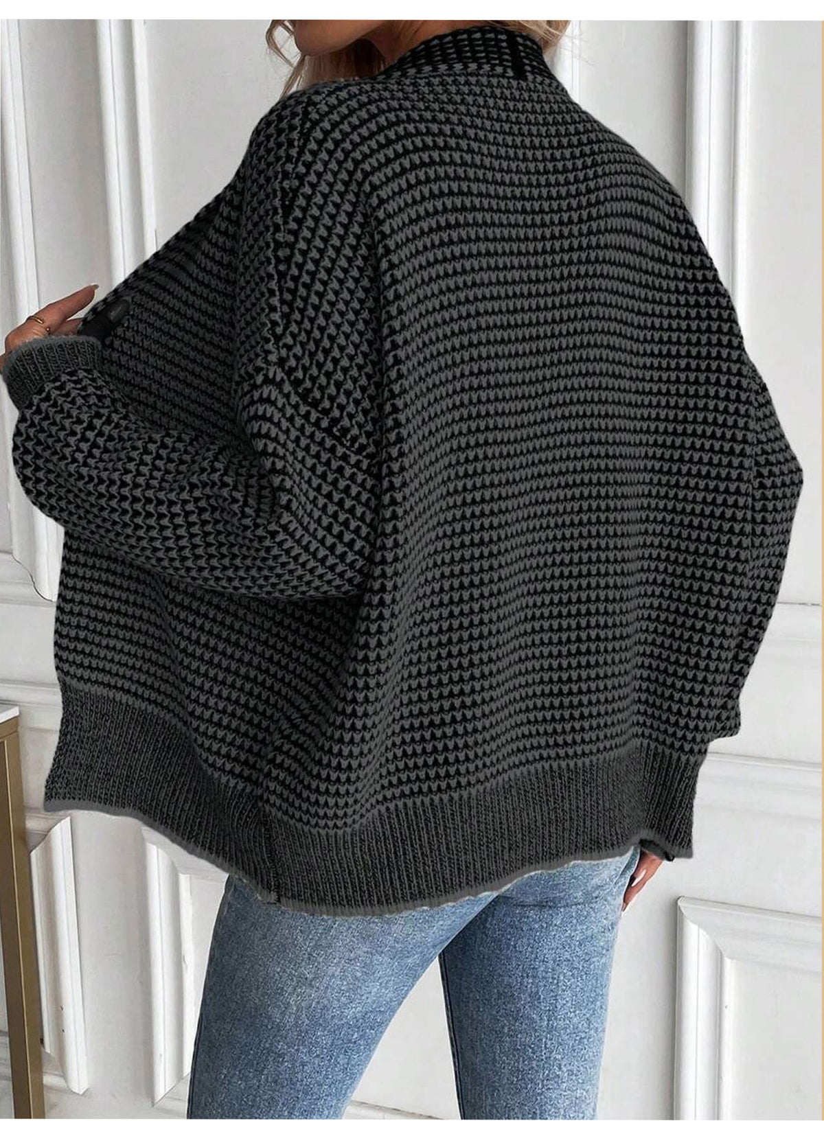Waffle Knit Open Front Batwing Cardigan - Black - 1