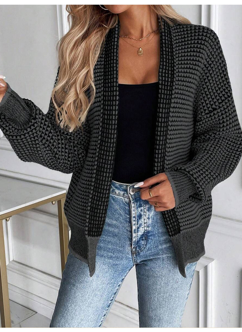 Waffle Knit Open Front Batwing Cardigan - Black - 2