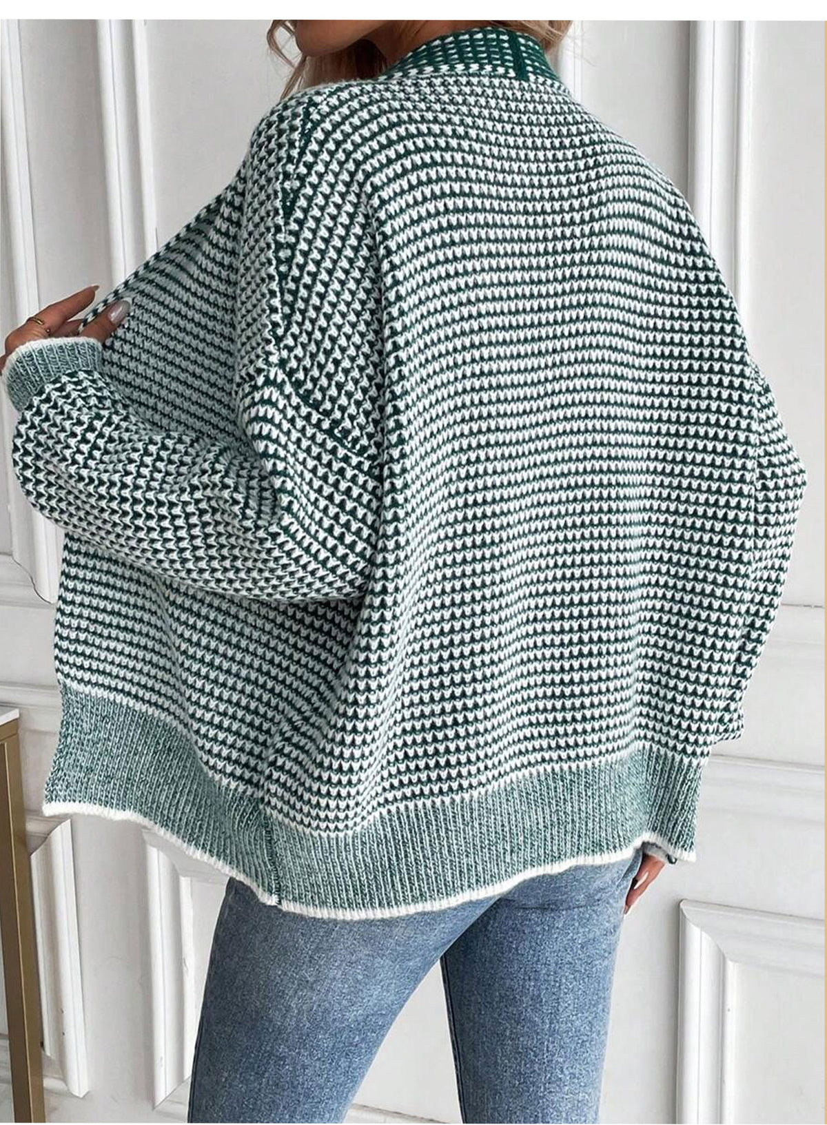 Waffle Knit Open Front Batwing Cardigan - Green - 1