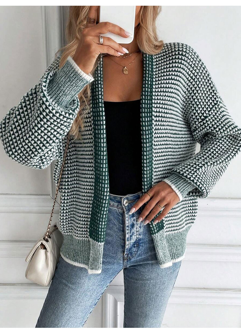 Waffle Knit Open Front Batwing Cardigan - Green - 3