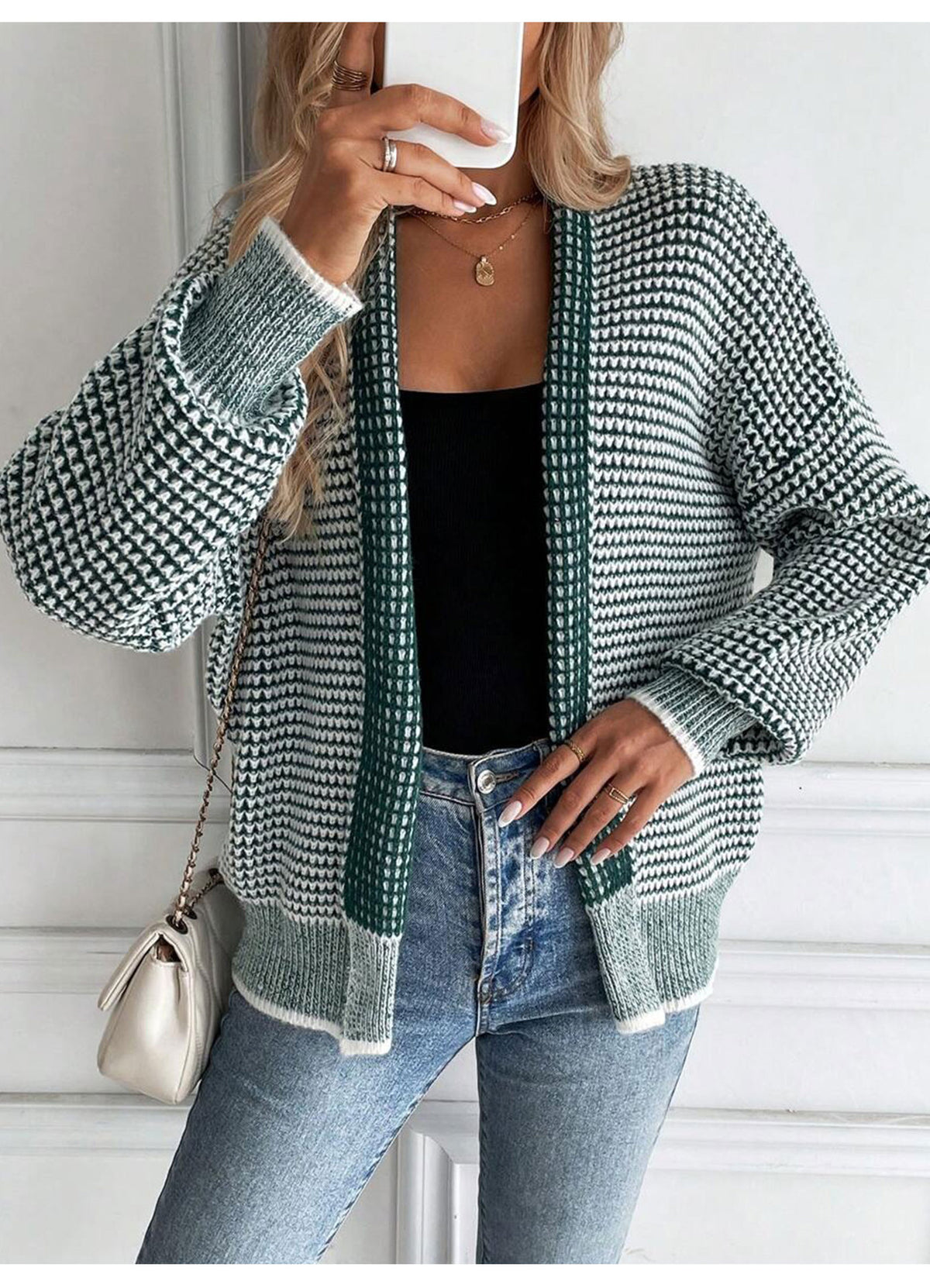 Waffle Knit Open Front Batwing Cardigan - Green - 3