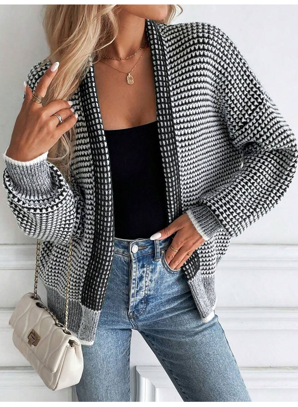 Waffle Knit Open Front Batwing Cardigan - Grey - 3