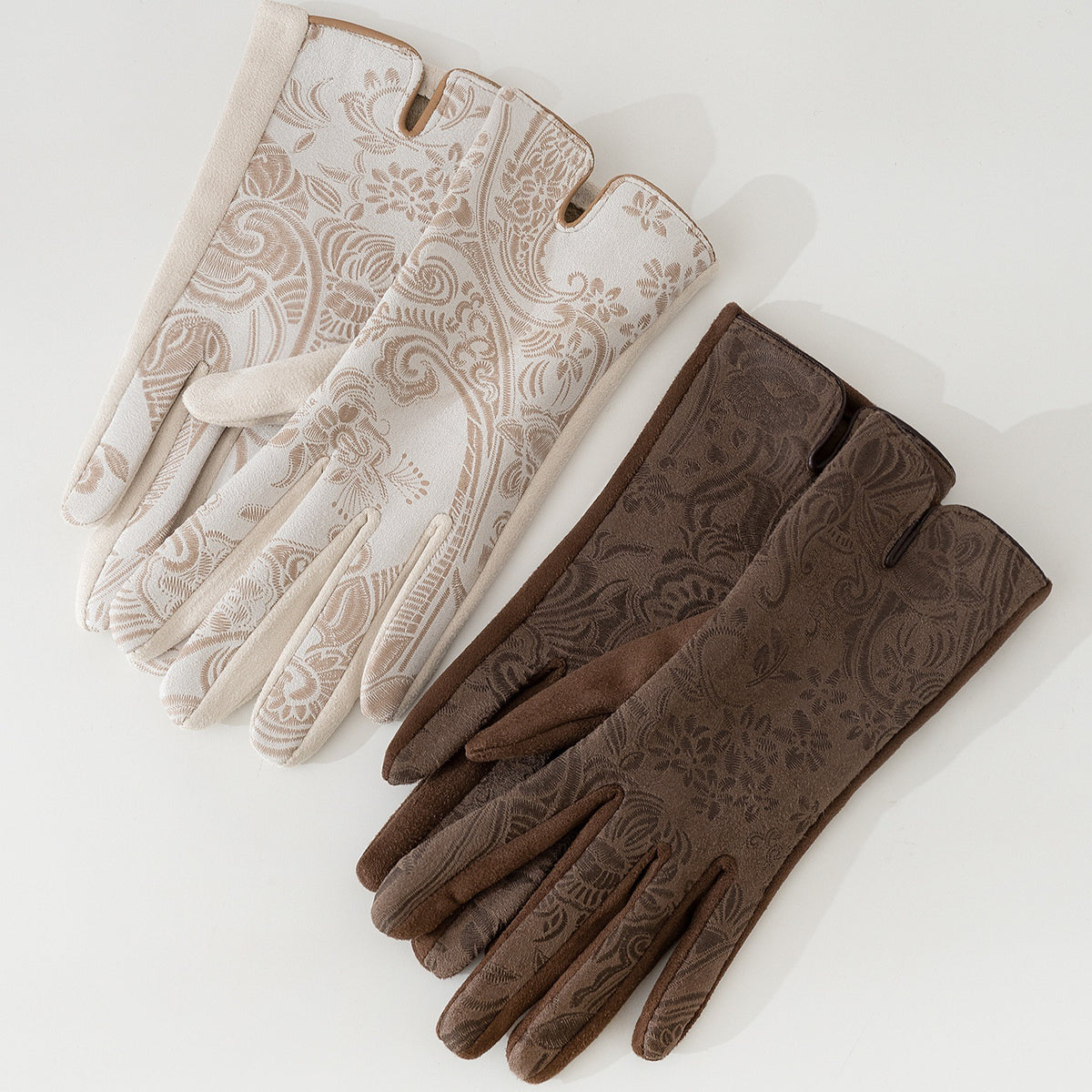 Paisley Embossed Fleece Lined Gloves - Beige
