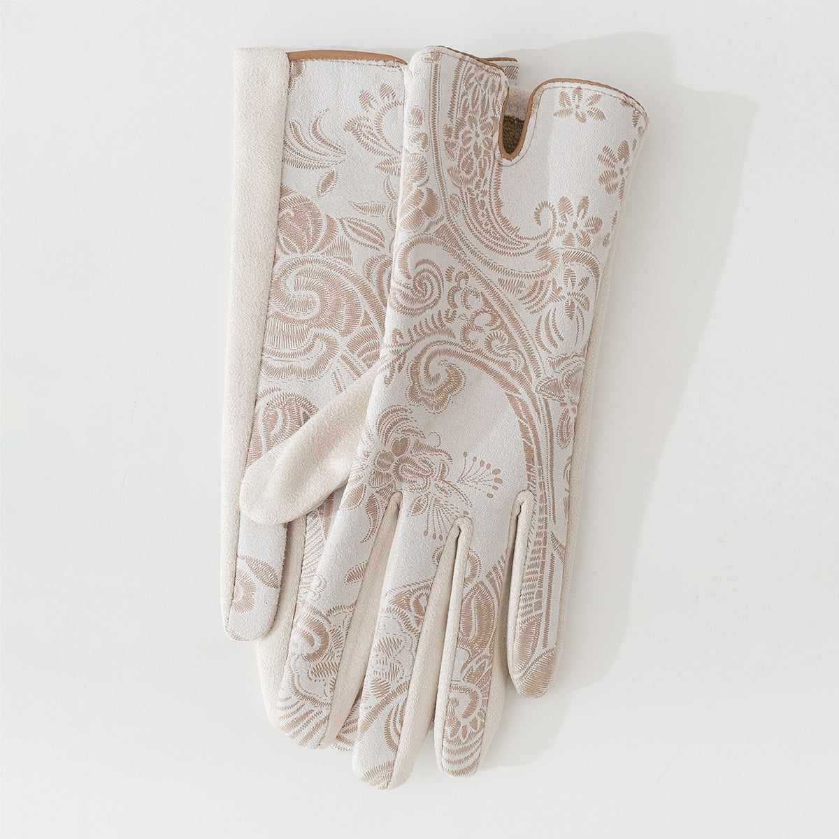 Paisley Embossed Fleece Lined Gloves - Beige - 1