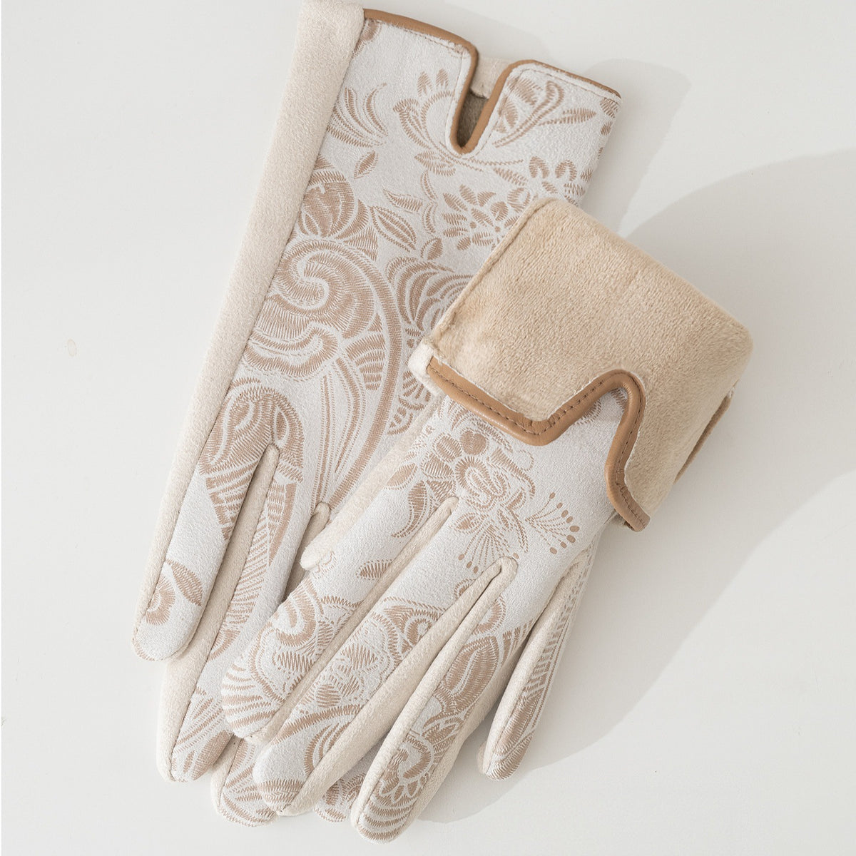 Paisley Embossed Fleece Lined Gloves - Beige - 2