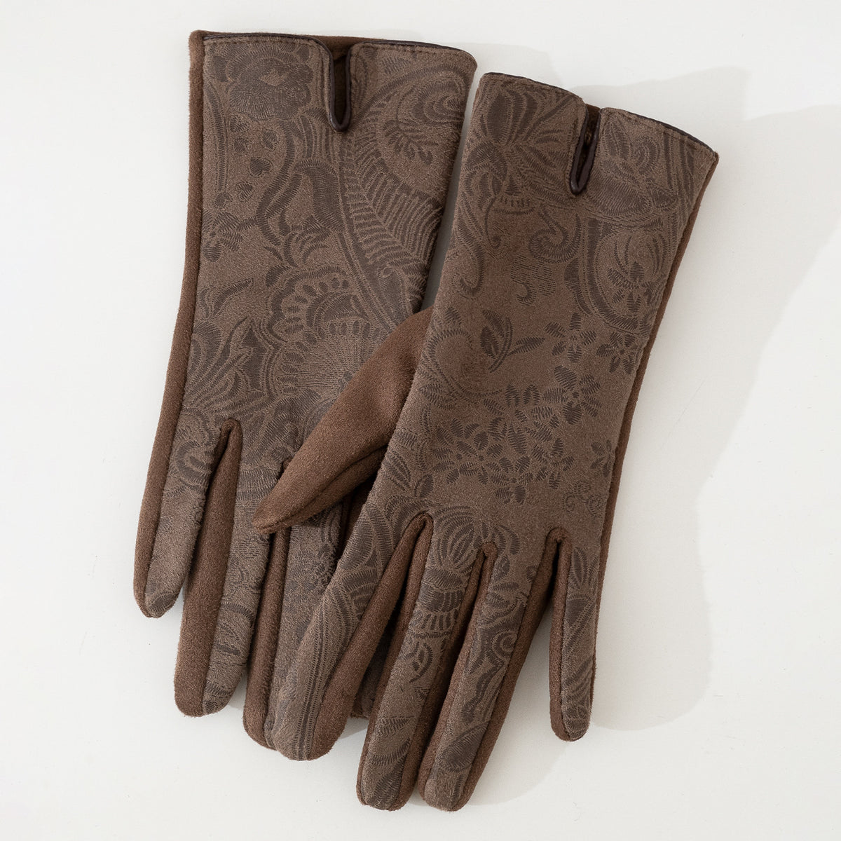 Paisley Embossed Fleece Lined Gloves - Coffee