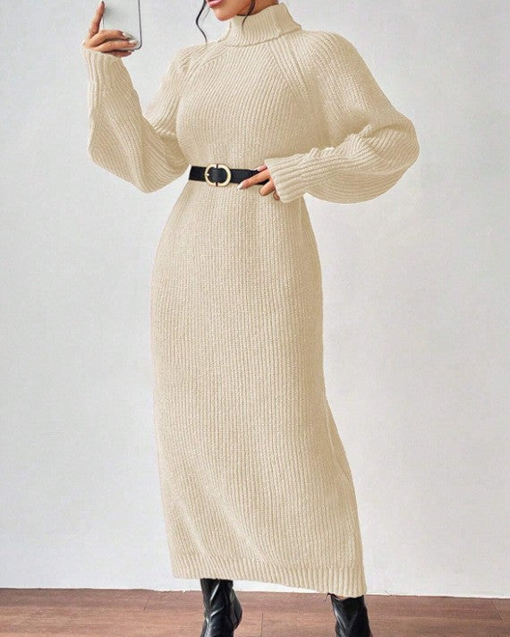 Ribbed Turtleneck Maxi Sweater Dress - Apricot